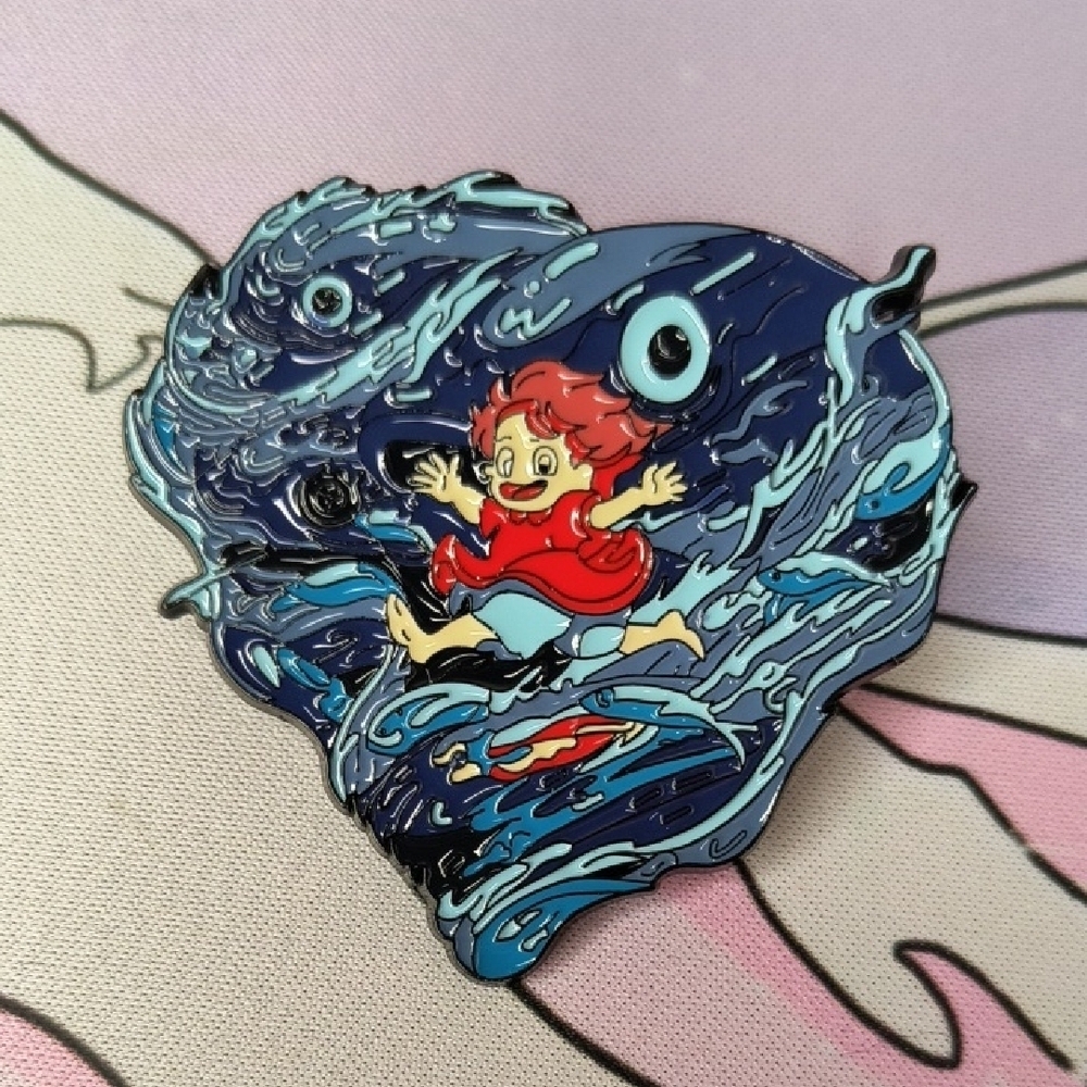 Heart-Shaped Enamel Pin with Red and Blue Design Studio Ghibli Ponyo Large